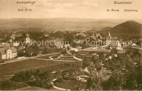 AK / Ansichtskarte Krummhuebel_Karpacz_Riesengebirge Panorama Riesengebirge Kath Kirche Ev Kirche Pfaffenberg 