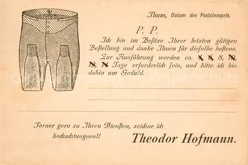 AK / Ansichtskarte Thum_Erzgebirge Theodor Hoffmann Kleidungswaren Bestellungsbestaetigung Thum Erzgebirge