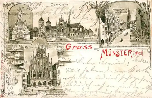 AK / Ansichtskarte Muenster_Westfalen Dom Kirche Prinzipal Markt m. Lambertikirche Rathaus Ludgerus Brunnen Litho m. Jugendstil Typografie Muenster_Westfalen