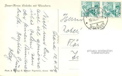 AK / Ansichtskarte Inner_Arosa Eisbahn mit Weisshorn Inner Arosa