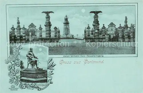 AK / Ansichtskarte Dortmund Kaiser Wilhelm Hain Haupteingang m. Denkmal Mondschein Litho Dortmund