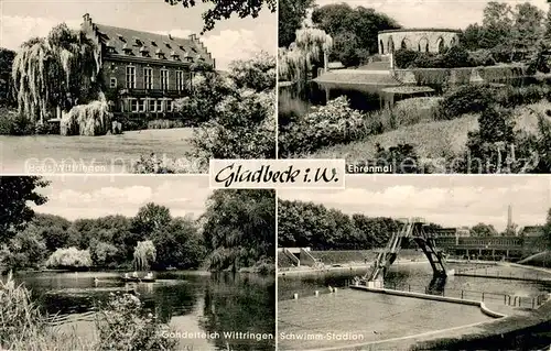 AK / Ansichtskarte Gladbeck Haus Wittringen Ehrenmal Schwimm Stadion Gondelteich Wittringen Gladbeck