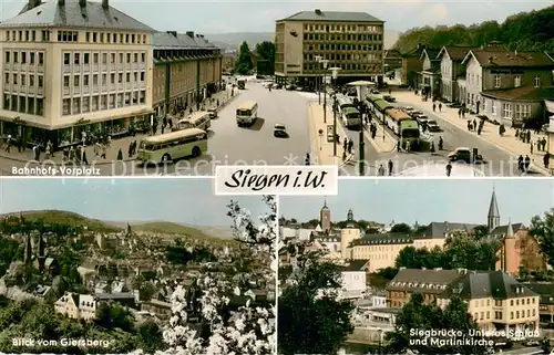 AK / Ansichtskarte Siegen_Westfalen Bahnhos Vorplatz Giersberg Siegbruecke unteres Schloss und Martinikirche Siegen_Westfalen