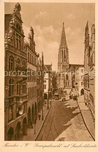 AK / Ansichtskarte Muenster_Westfalen Prinzipalmarkt mit Lambertikirche u. Strassenbahn Muenster_Westfalen