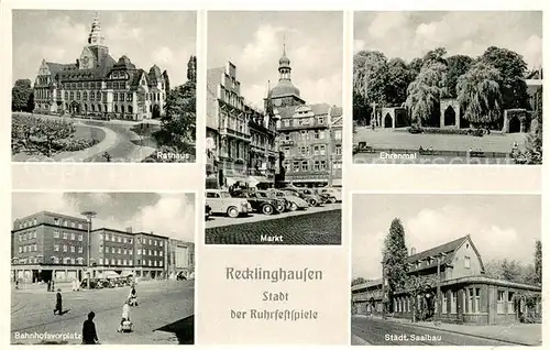 AK / Ansichtskarte Recklinghausen_Westfalen Staedt. Saalbau Ehrenmal Rathaus Markt Recklinghausen_Westfalen