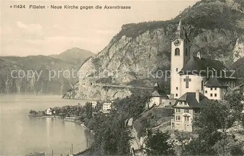 AK / Ansichtskarte Flueelen_UR Ortsansicht mit Kirche Ort am Urnersee Blick gegen Axenstrasse Flueelen_UR