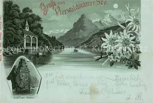 AK / Ansichtskarte Altdorf_UR Tellskapelle am Vierwaldstaettersee im Mondschein Schiller Stein Altdorf_UR