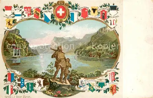 AK / Ansichtskarte Vierwaldstaettersee_SZ Telldenkmal Tellskapelle am See Wappen Vierwaldstaettersee_SZ