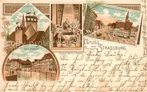 AK / Ansichtskarte Strassburg_Elsass Denkmal Moritz v. Sachsen Rabenbruecke am Fischmarkt Storchennest Strassburg Elsass