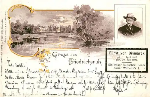 AK / Ansichtskarte Friedrichsruh_Aumuehle Litho Teilansicht u. Fuerst von Bismarck Friedrichsruh_Aumuehle