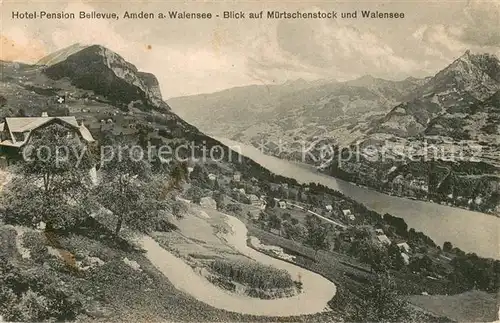 AK / Ansichtskarte Amden_SG Hotel Pension Bellevue mit Blick auf Muertschenstock und Walensee Amden_SG