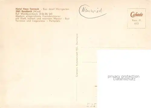 AK / Ansichtskarte Rossbach_Wied Hotel Haus Tanneck Aussenansicht Rossbach Wied