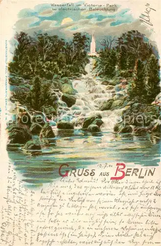 AK / Ansichtskarte Kreuzberg_Berlin Wasserfall im Victoria Park bei elektrischer Beleuchtung Litho Postkarte Kreuzberg Berlin