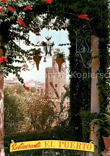 AK / Ansichtskarte Sevilla_Andalucia Restaurante El Puerto Vistas desde sus jardines a orillas del Guadalquivir Frente a la Torre del Oro Triana Sevilla_Andalucia