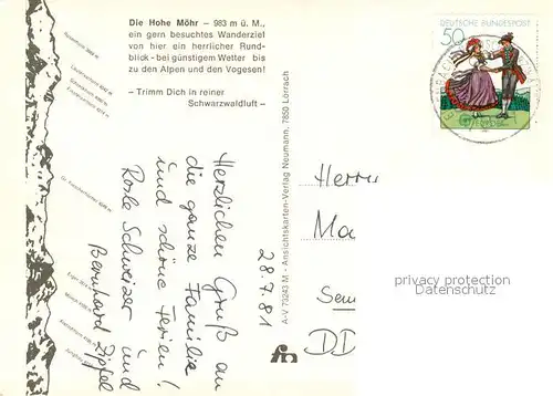 AK / Ansichtskarte Schopfheim Aussichtsturm Hohe Moehr mit Blick auf Schweizer Zentralalpen Schopfheim