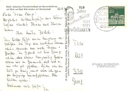 AK / Ansichtskarte Bad_Woerishofen Fliegeraufnahme mit Freischwimmbad am Sonnenbuechlsee und Gartenstadt Bad_Woerishofen