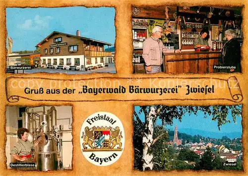 AK / Ansichtskarte Zwiesel__Niederbayern Gasthof Bayerwald Baerwurzerei m. Probierstube und Teilansichten 