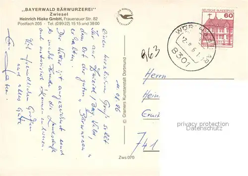 AK / Ansichtskarte Zwiesel__Niederbayern Gasthof Bayerwald Baerwurzerei m. Probierstube und Teilansichten 