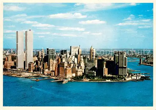 AK / Ansichtskarte New_York_City Aerial view of lower Manhattan depicting the Twin Towers of the World Trade Center New_York_City