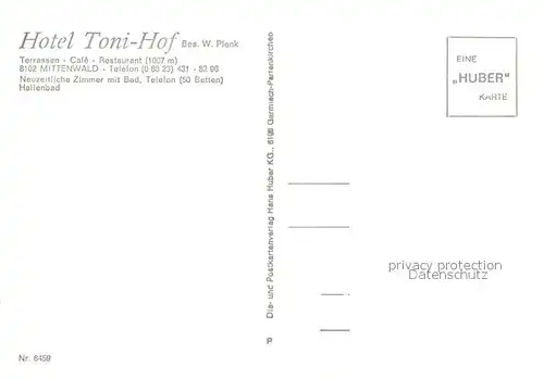 AK / Ansichtskarte Mittenwald_Bayern Hotel Toni Hof Aussenansicht m. Terrasse Mittenwald Bayern