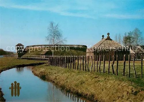 AK / Ansichtskarte Gross_Raden Museum fuer Ur und Fruehgeschichte Schwerin Archaeologisches Freilichtmuseum Kulthalle und Bruecke mit Ringwall des 10. Jhdts Gross Raden