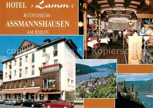 AK / Ansichtskarte Assmannshausen_Rhein Hotel Lamm Gaststube Rheinpartien Burg Assmannshausen Rhein