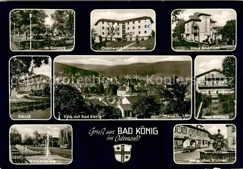 AK / Ansichtskarte Bad_Koenig_Odenwald Kurpark Sanatorium Kurhaus Schloss Wasserspiele Brunnen Stadtpanorama Bad_Koenig_Odenwald