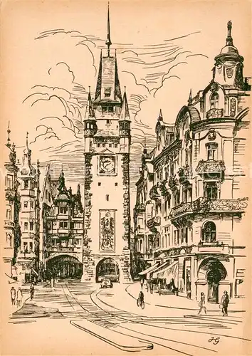 AK / Ansichtskarte Freiburg_Breisgau Martinstor Zeichnung Kuenstlerkarte Freiburg Breisgau