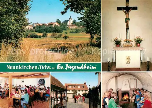AK / Ansichtskarte Neunkirchen_Odenwald Ev Jugendheim Altar Aufenthaltsraum Kaminzimmer Eingang Neunkirchen Odenwald