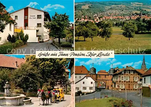 AK / Ansichtskarte Tann_Rhoen Pension Zur Linde Panorama Pferdekutschfahrt Schlossbrunnen Stadttor Tann_Rhoen