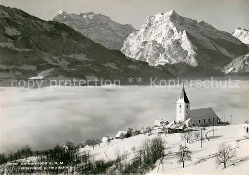 AK / Ansichtskarte Amden_SG Panorama Kirche Nebelmeer Glaernisch und Rautistock Amden_SG