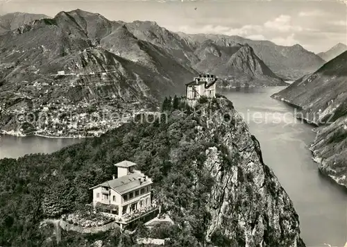 AK / Ansichtskarte Lugano_TI Monte San Salvatore Hotel Vetta e Chiesa Lago di Lugano veduta aerea Lugano_TI
