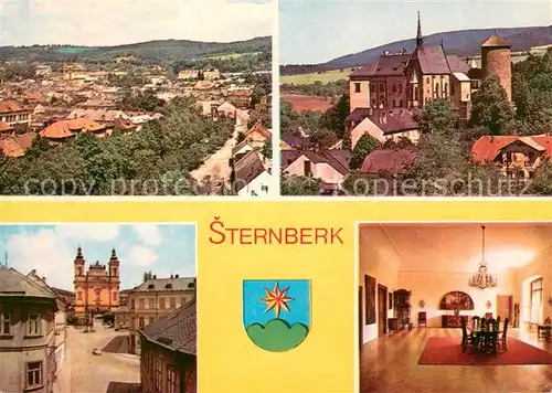 AK / Ansichtskarte Sternberk_na_Morave Stadtpanorama Kirche Saal Wappen 