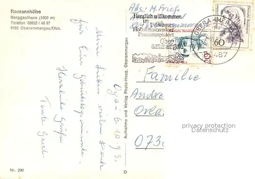 AK / Ansichtskarte Oberammergau Berggasthaus Romanshoehe im Sommer Oberammergau
