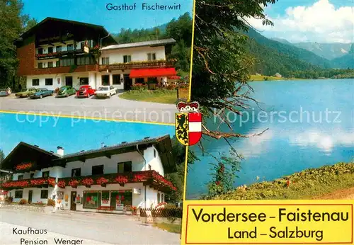 AK / Ansichtskarte Faistenau_Salzburg Gasthof Fischerwirt Kaufhaus Pension Wenger Uferpartie am Vordersee Alpen Faistenau_Salzburg