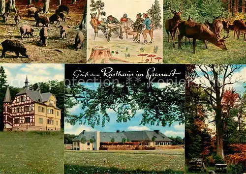 AK / Ansichtskarte Rohrbrunn Autobahn Rasthaus im Spessart Motel Wildschweine Hirsche Karikaturen Rohrbrunn