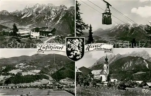 AK / Ansichtskarte Haus_Steiermark Krummholzhuette mit Dachstein Tauernseilbahn Ortsansicht mit Kirche Kaibling Panorama Ennstal Haus_Steiermark