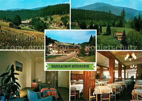 AK / Ansichtskarte Harrachov_Harrachsdorf Panorama NovySvet v pozadi Plesivec Interier chatay CSTV Ryzoviste chata CSTV Jidelna Harrachov Harrachsdorf