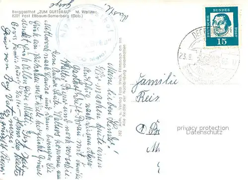 AK / Ansichtskarte Samerberg Berggasthof Zum Duftbraeu Gastraeume Wasserfall Kirche Wegekreuz Samerberg