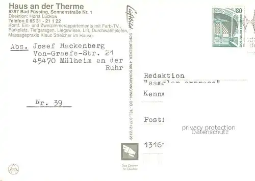 AK / Ansichtskarte Bad_Fuessing Hotel Haus an der Therme Fremdenzimmer Bad_Fuessing