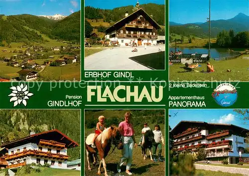 AK / Ansichtskarte Flachau Erbhof Gindl Pension Gindlhof Appartementhaus Panorama See Landschaft Ponyreiten Flachau