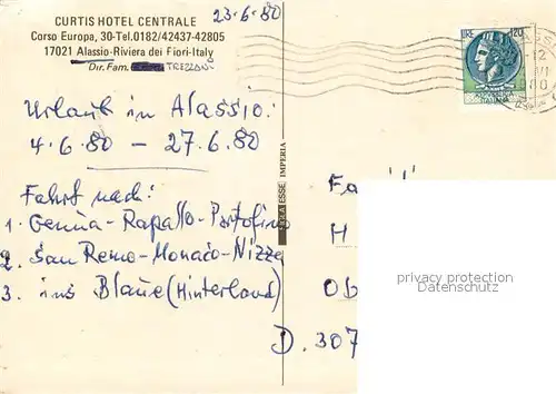 AK / Ansichtskarte Alassio Curtis Hotel Centrale Riviera dei Fiori Meerblick Segeln Alassio