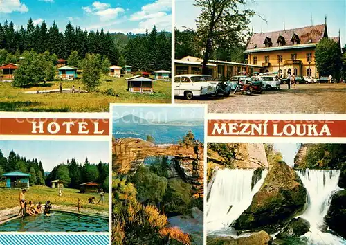 AK / Ansichtskarte Hrensko Hotel Mezni Louka Bungalows Swimming Pool Felsen Landschaft Wasserfall Hrensko