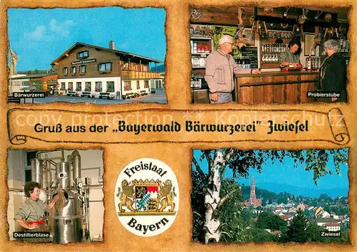 AK / Ansichtskarte Zwiesel__Niederbayern Bayerwald Baerwurzerei Probierstube Destillierblase Ortsansicht Wappen 