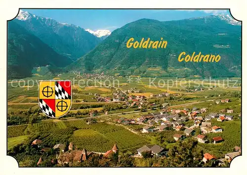 AK / Ansichtskarte Goldrain_Vinschgau Panorama mit Schloss Vinschgau Marteller Berge Wappen Goldrain Vinschgau