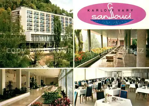AK / Ansichtskarte Karlovy_Vary_Karlsbad Sanatorium Sanssouci Foyer Terrasse Speisesaal 