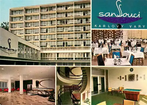 AK / Ansichtskarte Karlovy_Vary_Karlsbad Sanatorium Sanssouci Speisesaal Foyer Treppenaufgang Spielzimmer 