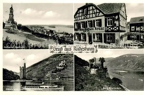 AK / Ansichtskarte Ruedesheim_am_Rhein National Denkmal Gasthaus zum gruenen Kranz Maeuseturm Ruine Ehrenfels Burg Rheinstein 