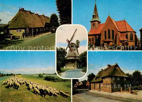 AK / Ansichtskarte Wilhelmsburg_Hamburg Bauernhaus Kreuzkirche in Kirchdorf Windmuehle Schafherde am Deich Alte Schule Wilhelmsburg Hamburg