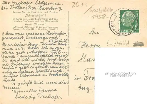 AK / Ansichtskarte Luetjensee Fliegeraufnahme Gaststaette Schleusshoern Luetjensee